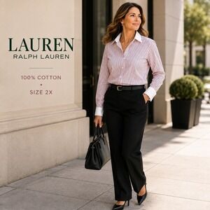 Lauren Ralph Lauren Button Down Shirt Womens 2X Pink Black Striped Cotton RL